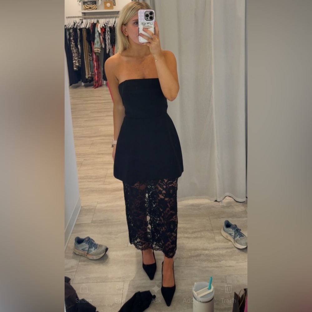 Amanda Uprichard Jada Black Strapless Midi Dress with Lace Overlay